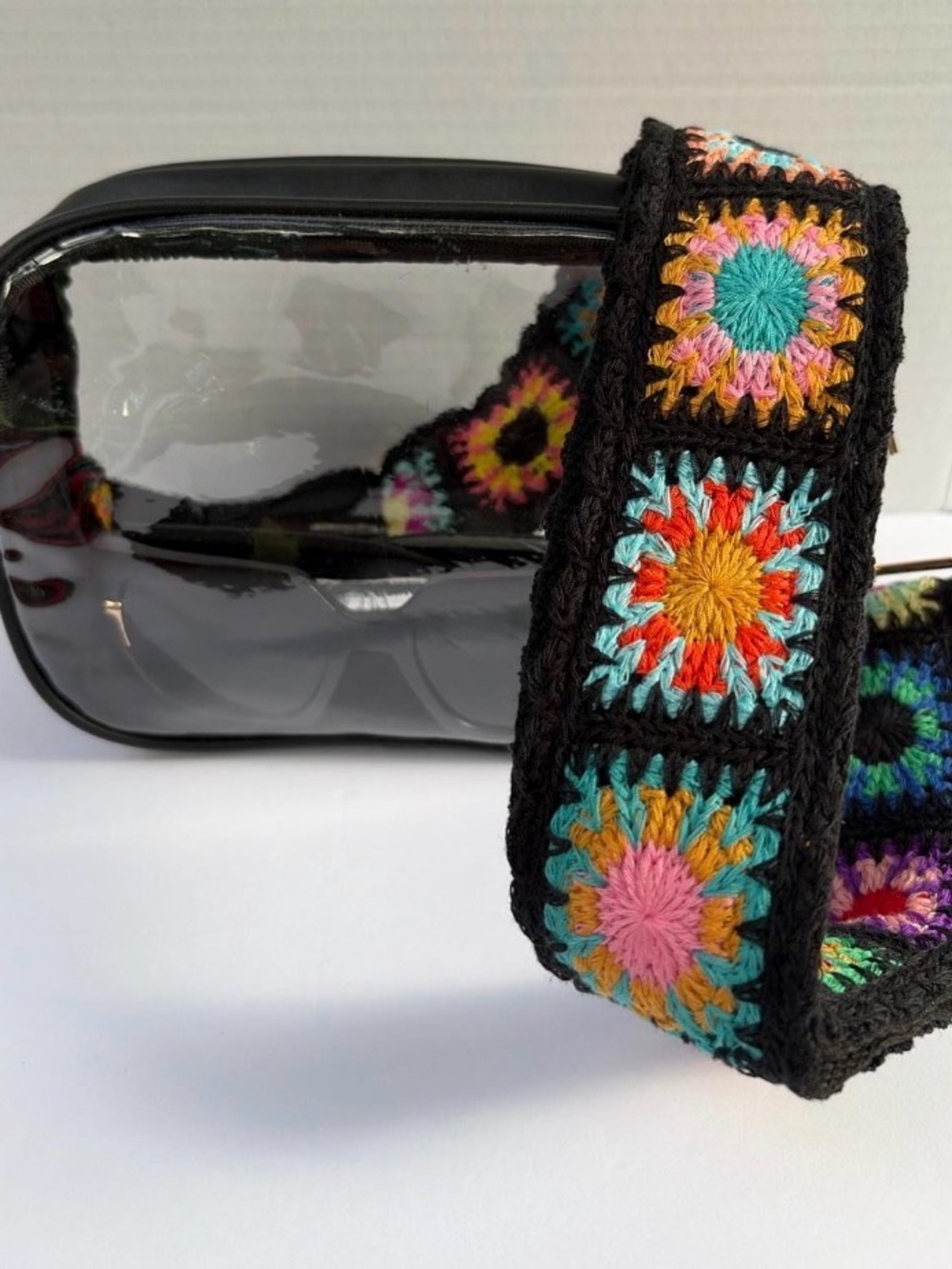 Clear Stadium Bag Crossbody | Colorful Crochet Granny Square Strap